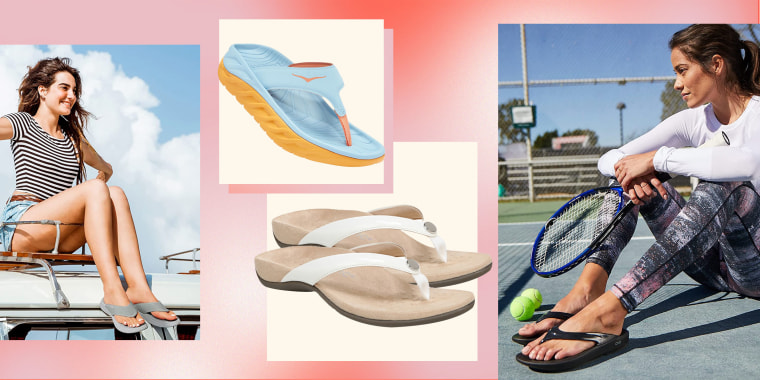 Illustration of two Woman wearing supportive flip-flops outside and two pairs of supportive flip-flops