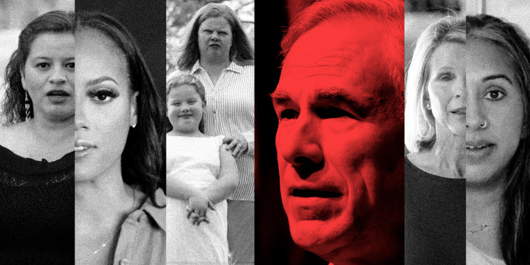 Photo illustration: Vertical strips showing screengrabs of women speaking with an image of Greg Abbott in the centre with a red overlay.