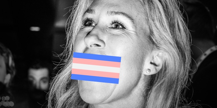 Photo illustration: A transgender pride flag placed over Marjorie Taylor Greene's mouth.