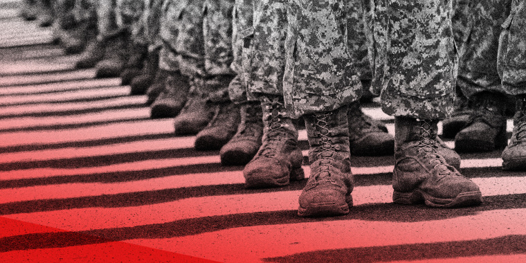 Photo illustration: Close up of military officers standing in line with a red overlay.
