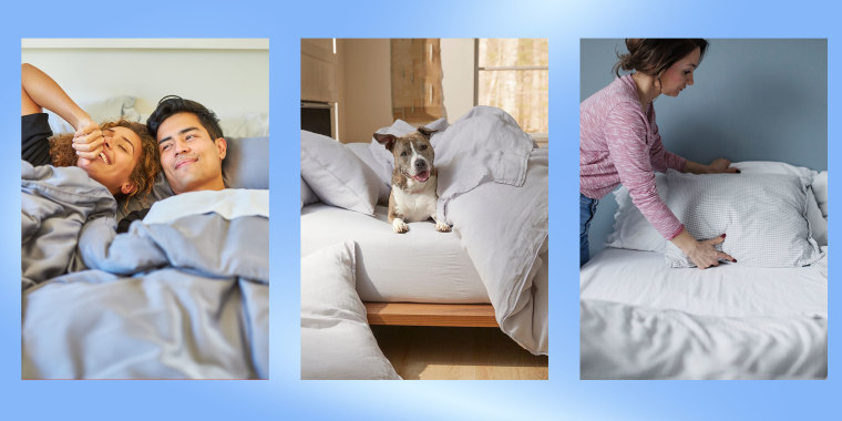 Trio of images of a side view of woman arranging pillows on bed at home, a dog cuddling in sheets and a couple laying in bed