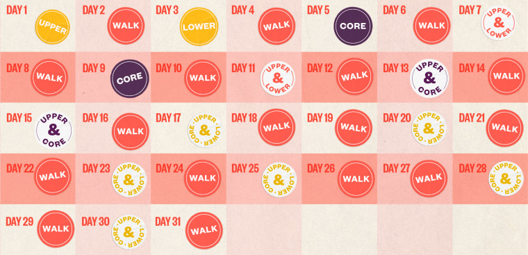 31-day strength and walking plan calendar