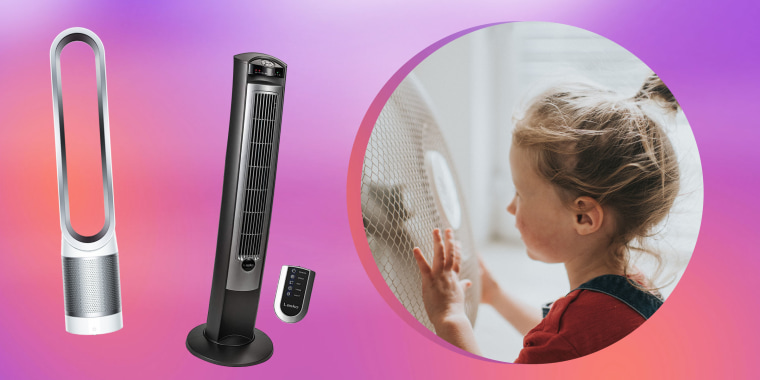 Illustration of two Oscillating Tower Fans and a little girl standing in front of a fan