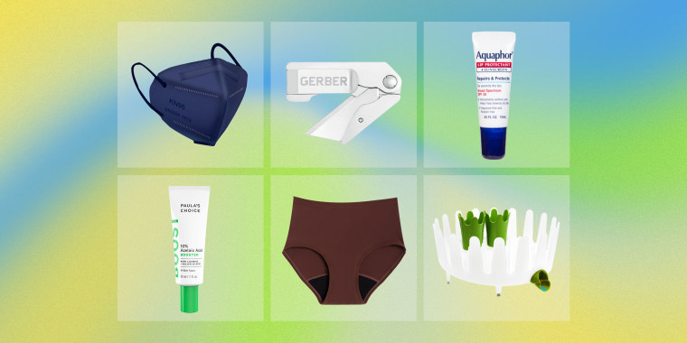 Illustration of a mask, The Heavy Period underwear, Chef'n DishGarden Dish Rack, Paula's Choice BOOST 10% Azelaic Acid, and Gerber Gear Pocket Knife