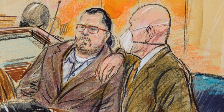 Image: Courtroom sketch of Guy Wesley Reffitt with his lawyer William Welch.