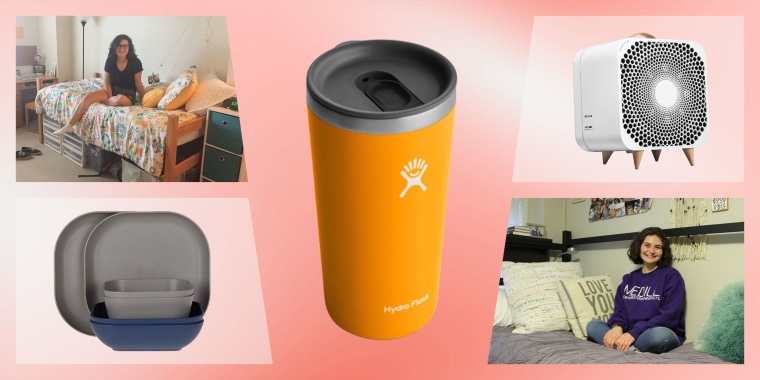 Illustration of two girls in there dorm room, a tumbler, reusable dinner set and a purifying fan