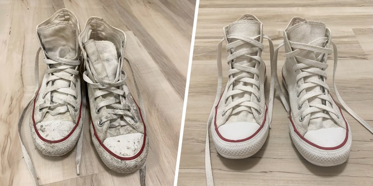 Split before and after image of dirty and clean white converse