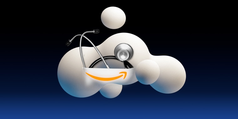 Photo illustration: A cloud with the Amazon logo holding a stethoscope.