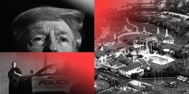 Photo illustration: A collage with with images of a police car outside a gate, an aerial view of Mar-a-Lago and a partial view of Donald Trump's face.