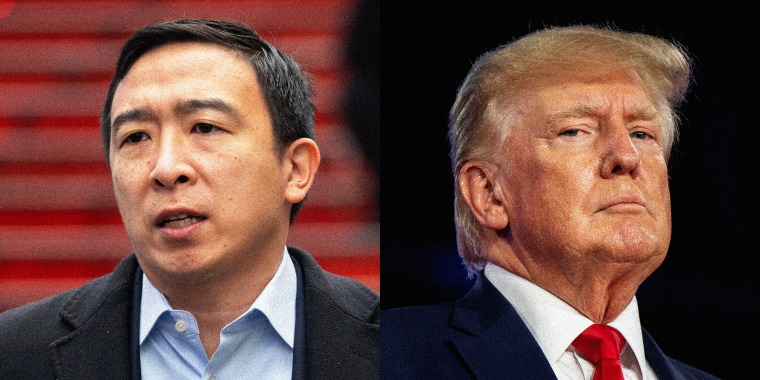 Photo diptych: Andrew Yang and Donald Trump