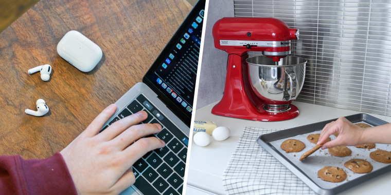 Split image of Apple Air Pods Pro's and a red Kitchen Aid