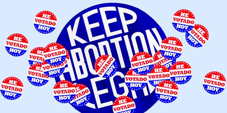 Photo illustration: Multiple stickers that read,\"He Votado Hoy\" over a bigger sign that reads,\"Keep abortion legal\".