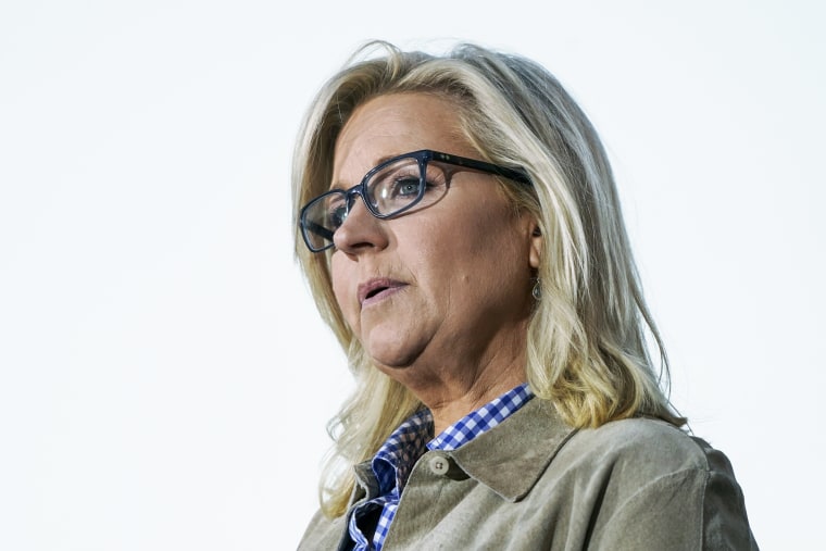 Rep. Liz Cheney, R-Wyo., speaks on Aug. 16, 2022, at a primary election day gathering at Mead Ranch in Jackson, Wyo.