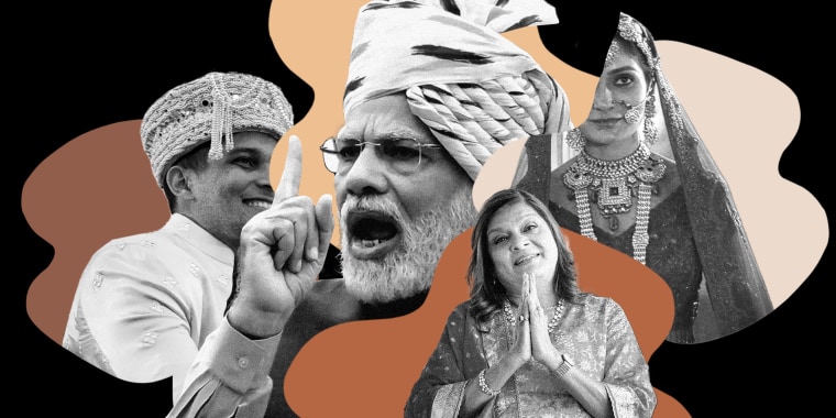 Photo illustration: Stills from the Netflix series \"Indian Matchmaking\" interspersed with an image of Narendra Modi speaking and patches of different skin tones.