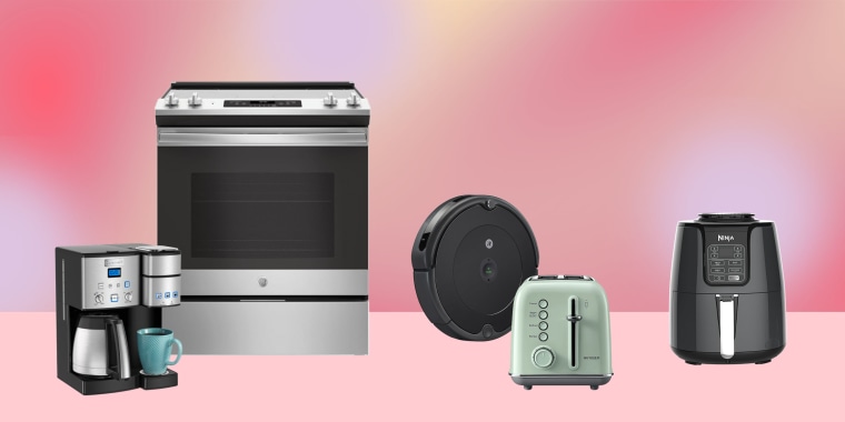 Illustration of an oven, toaster, roomba, air fryer and coffee pot