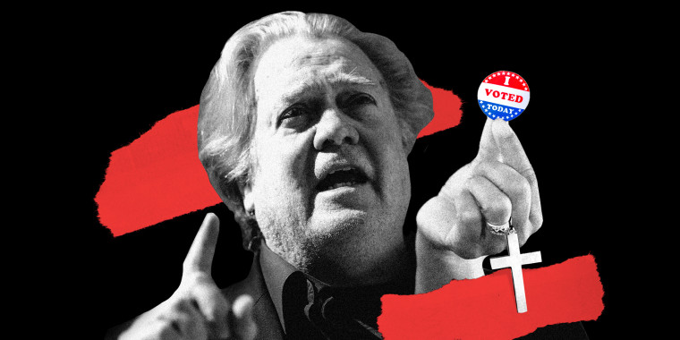 Photo illustration: Steve Bannon next to a hand holding a sticker that reads,\"I Voted Today\" as a chain with cross hangs through the fingers.