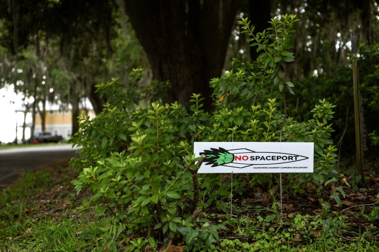 A "No Spaceport" sign outside a home in Woodbine, Ga., on July 7.