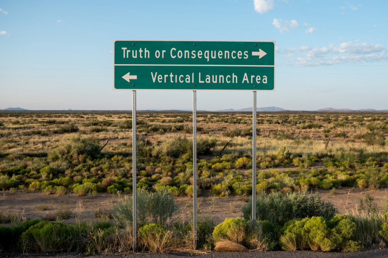 A sign reads "Vertical Launch Area" outside Spaceport America in Truth or Consequences, N.M., on Sept. 16, 2020.