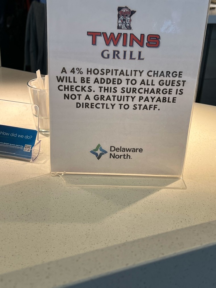 A sign at the entry to Twins Grill at Minneapolis−Saint Paul International Airport makes clear that a 4% surcharge does not go to employees.