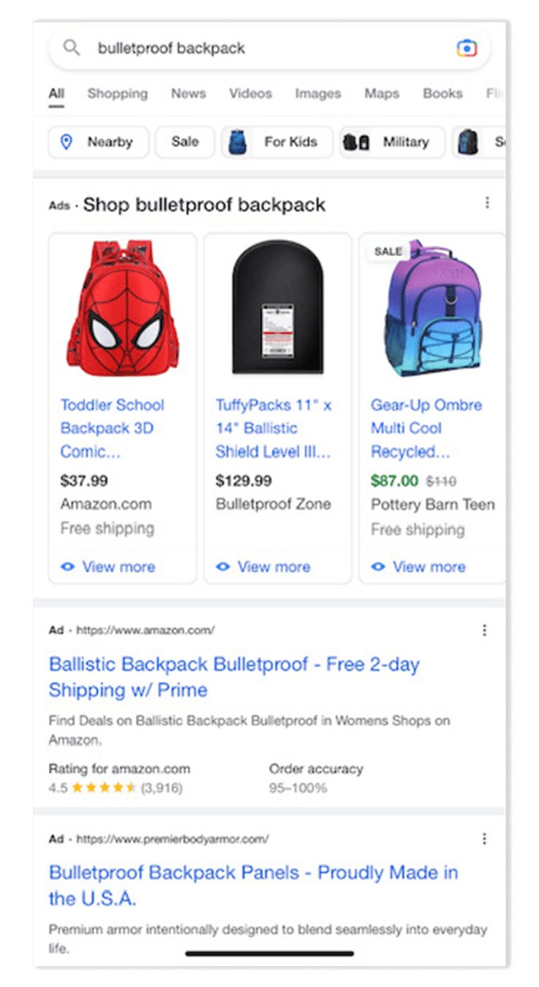 Image: Screenshot showing Google search results for "bulletproof backpack".