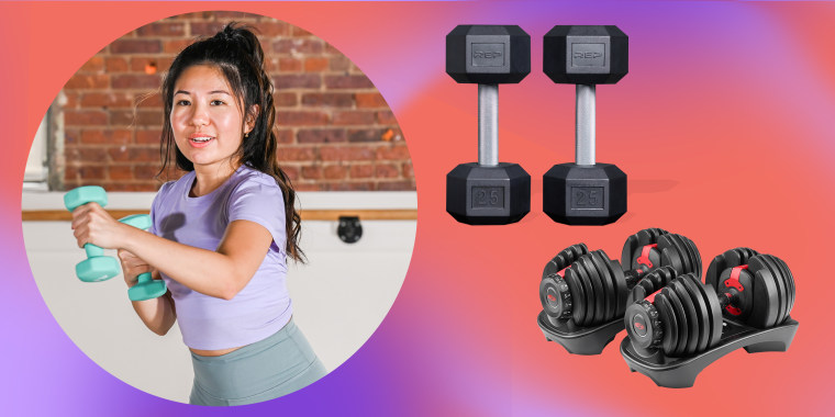 Woman holding dumbbells and two different sets of dumbbells