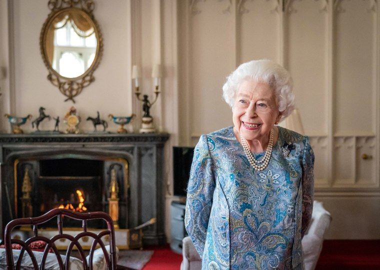 Queen Elizabeth II during an audience with Switzerland's President Ignazio Cassis at Windsor Castle, west of London on April 28, 2022.
