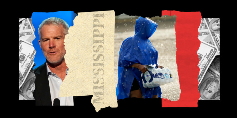 Photo illustration: Paper pieces showing images of money, shape of the Mississippi state, Brett Favre and a person in a raincoat carrying bottles of water.