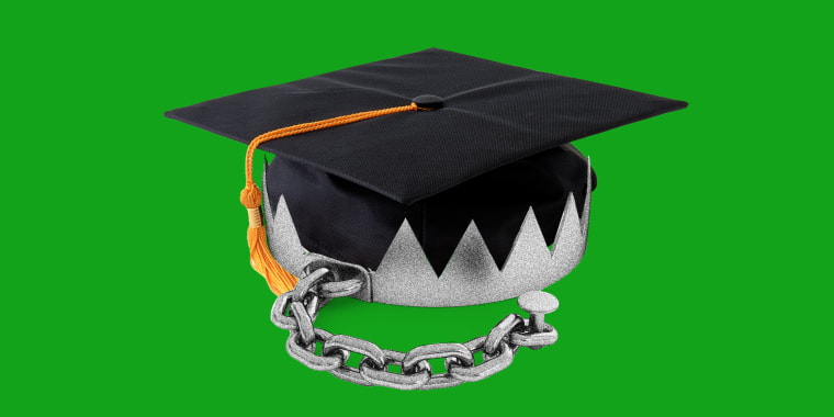 Photo illustration: A graduation hat with a bear trap around it.