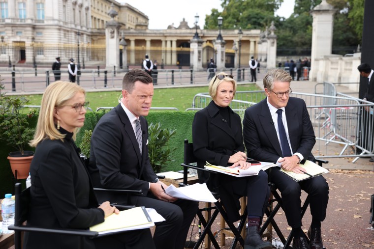 From left to right: Katty Kay, Willie Geist, Mika Brzezinski and Joe Scarborough on the set of "Morning Joe" in London on Monday.