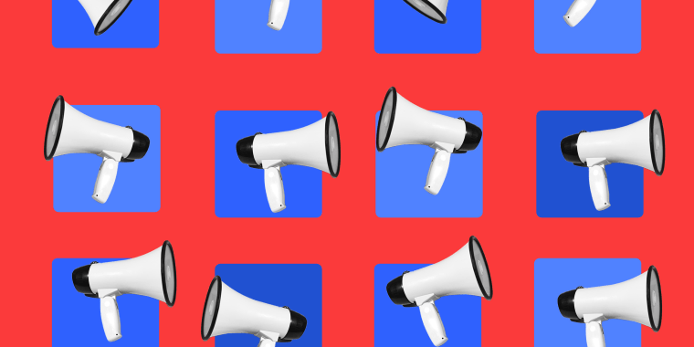 Photo illustration: White megaphones coming out of blue colored tiles against a red background.