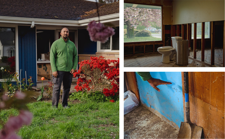 Tony Chunkapura's home had to gutted after the flooding. He shows how high the floodwaters rose at lower right.
