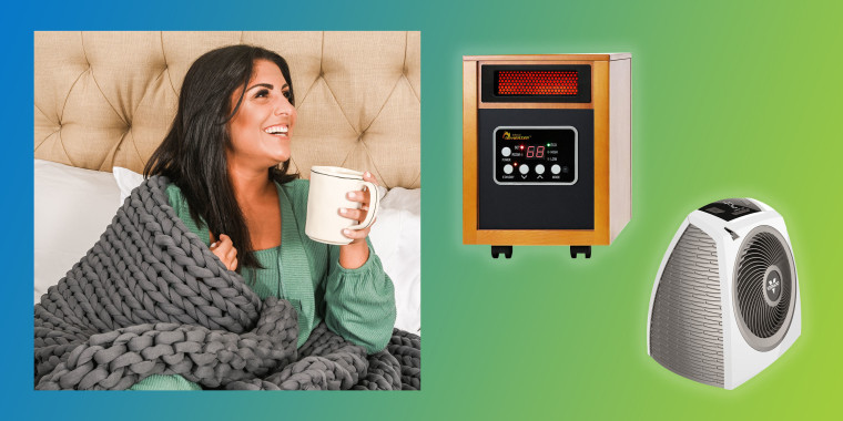 Woman cozy in bed and a space heater