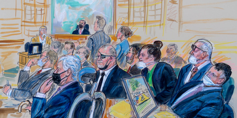 Artist sketch showing the trial of Oath Keepers leader Stewart Rhodes and four others charged with seditious conspiracy in the Jan. 6, 2021 Capitol attack.