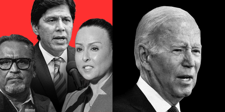 Photo collage: L.A. City Council members Gil Cedillo, Kevin DeLeon, Nury Martinez against a red background and Joe Biden against a black background.