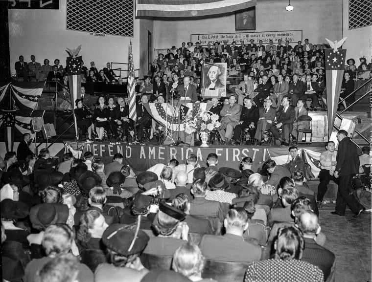 A crowd of over 4,000 people filled the Gospel Tabernacle in Fort Wayne, Ind., to hear Col. Charles Lindbergh, seen on the speaker's stand in the center, address a rally of the America First Committee on Oct. 3, 194.