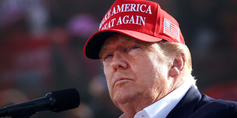 Image: Donald Trump wearing a red hat that reads,\"Make America Great Again\".