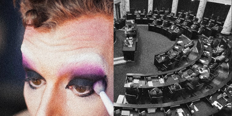 Photo diptych: Close up of a young man applying eye make up and a session of the Idaho House of Representatives at the Statehouse in Boise, Idaho.