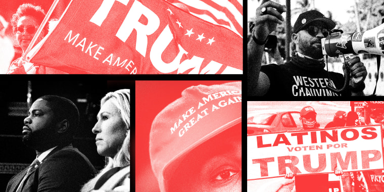 Photo collage: Images of a Black woman holding a Trump flag, Enrique Tarrio, leader of the Proud Boys, holding a megaphone, a man holding a sign that reads,\"Latinos voten por Trump, Black man wearing a MAGA hat, Byron Donalds with Marjorie Taylor Greene.