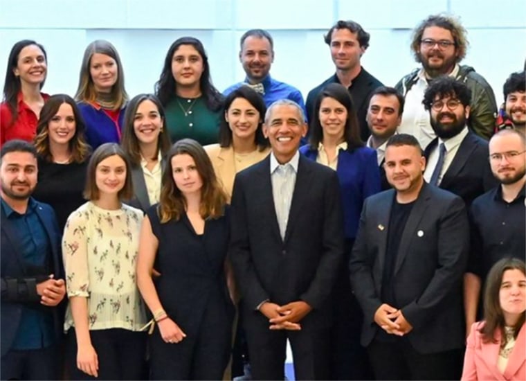 :Laura Coryton, front, second from left, was nominated as a "European leader" in 2022 with the Obama Foundation, after President Obama and Michelle Obama supported her End Tampon Tax campaign in the U.K.