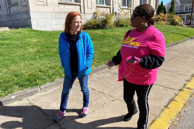 Jen Psaki, left, canvassing with Planned Parenthood in Braddock, Pa.