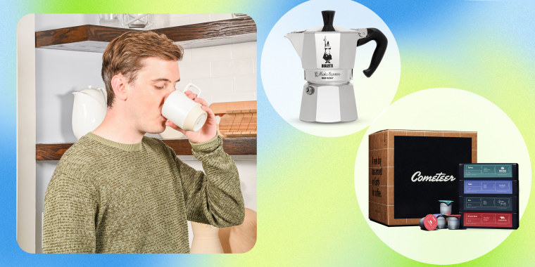 Man drinking from a coffee mug and two coffee products