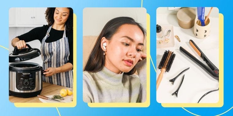 Air Fryer, Chi Straightener and Woman with Airpods
