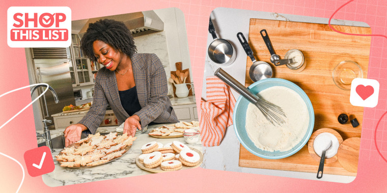 Woman with holiday cookies and an overhead of baking items