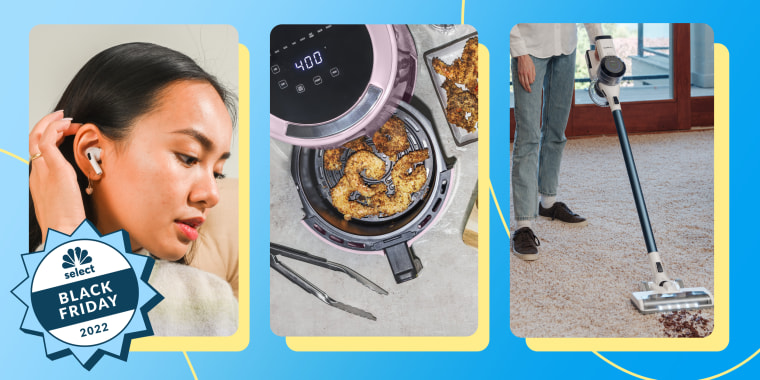 Woman with AirPods, Air Fryer and a vacuum