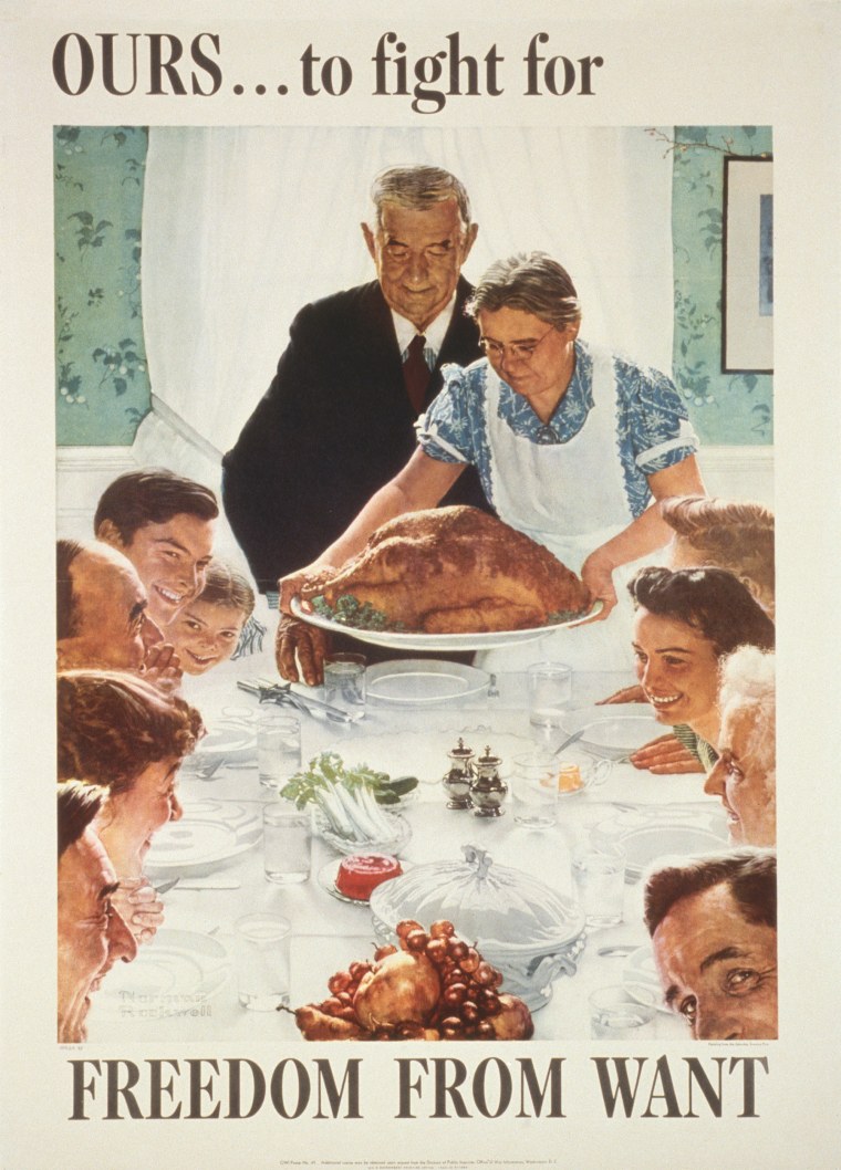 The 1943 Norman Rockwell painting “Freedom from Want” depicted a warm familial scene that bolstered the traditional roles of matriarch as turkey cook and patriarch as turkey carver.
