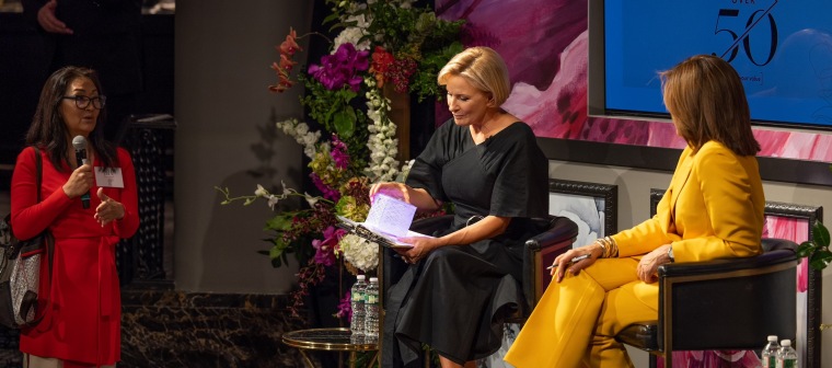 Alice Min Soo Chun, CEO of Solight Design, shows the lantern she invented to Know Your Value founder and "Morning Joe" co-host Mika Brzezinski, center, and TODAY co-anchor Hoda Kotb, right, at a "50 Over 50" luncheon in New York City on Dec. 8.