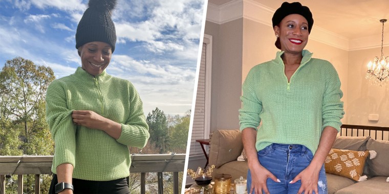 Split image of a Woman wearing a green sweater from Amazon