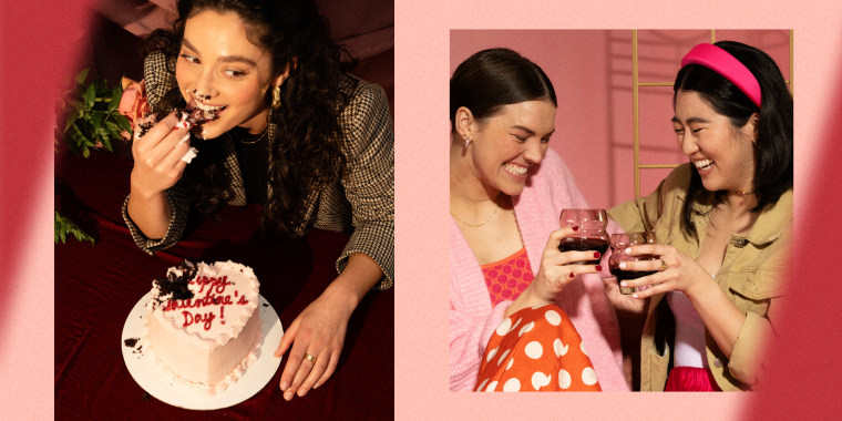 Woman eating a hear shaped cake and two woman with wine
