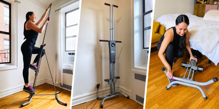 Three images of the MaxiClimber vertical climber and a Woman using it in her home