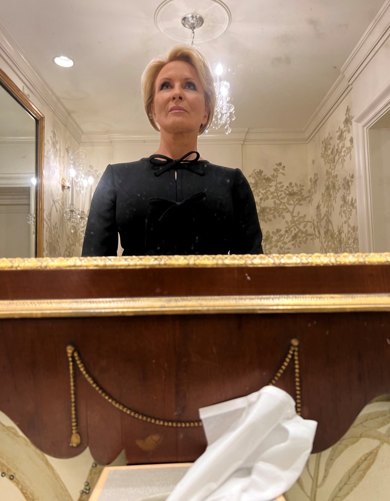 Mika Brzezinski says she liked the look of her hair when she looked in the White House bathroom mirror at a state dinner, despite her recent hair loss.